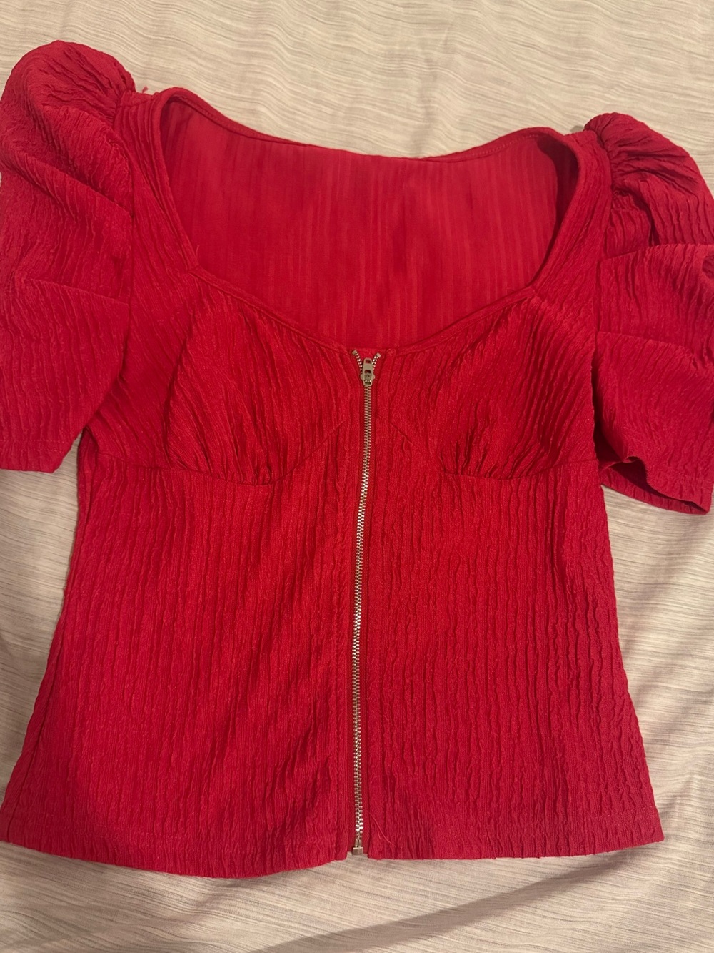Red Puff-Sleeve Zip-Front Blouse with Sweetheart Neckline